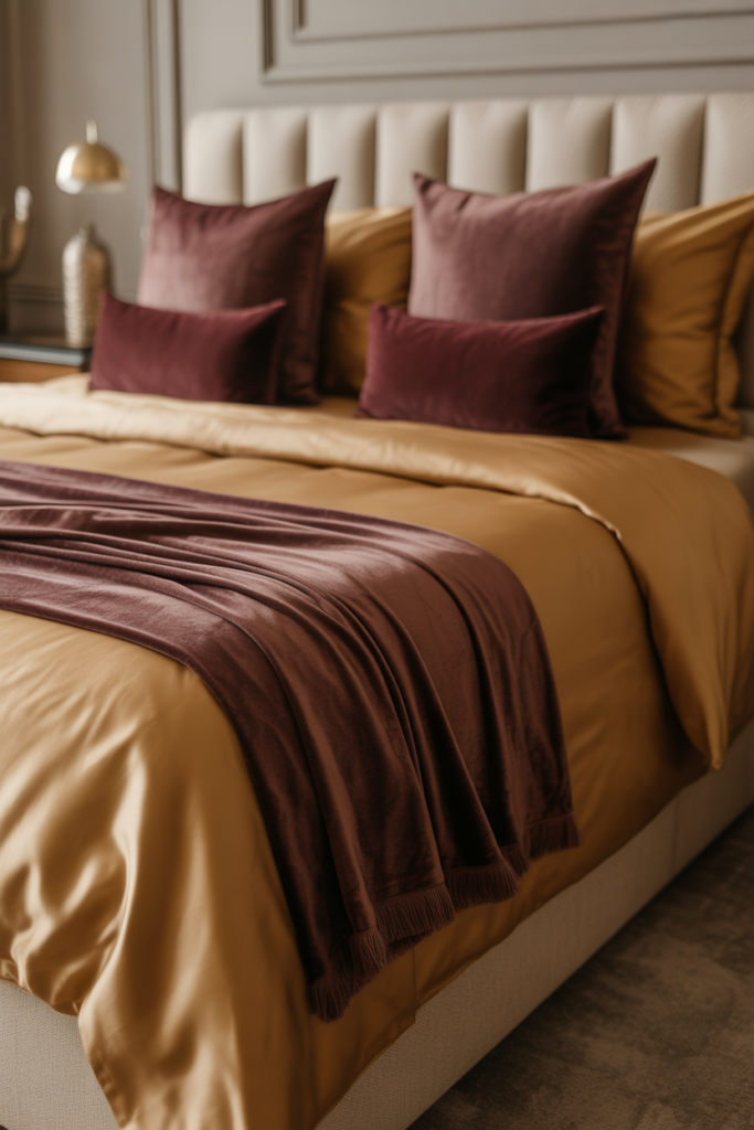 3. Luxurious Gold Bedding with Burgundy Touches
