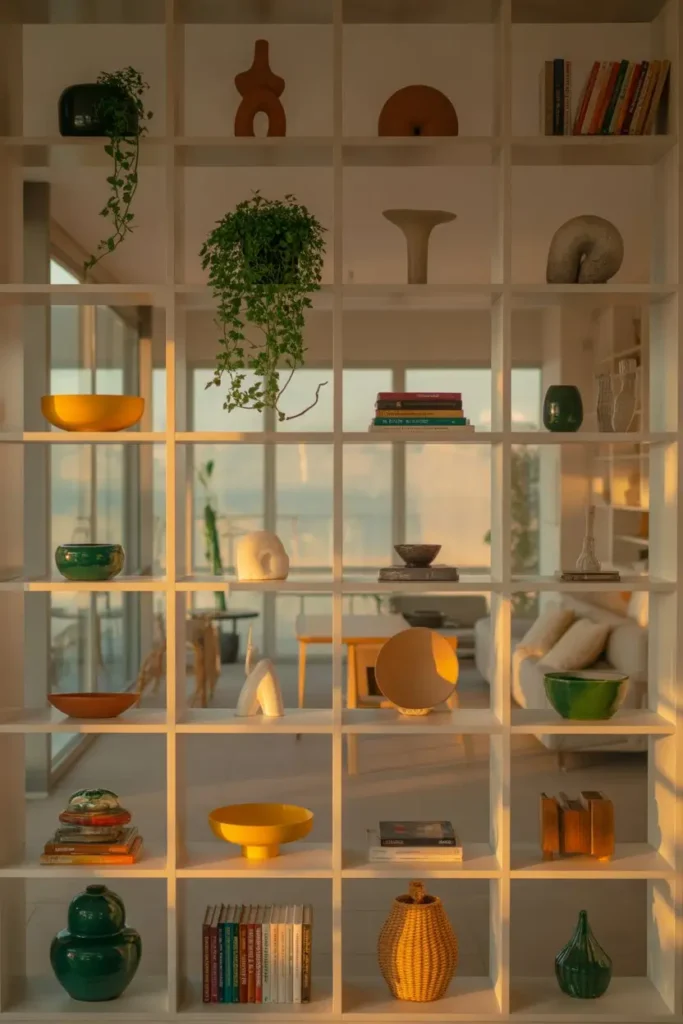 5. Open Shelving Partitions for Storage and Style