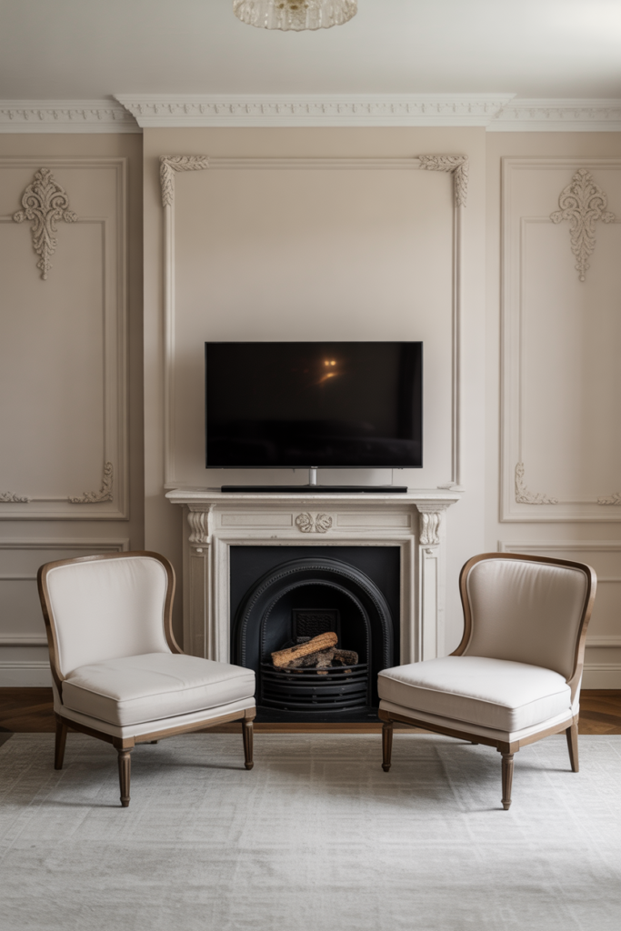 1. Classic Symmetry with TV Above Fireplace