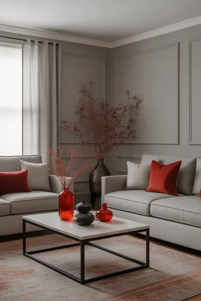 1. Grey Foundation with Red Accents for a Balanced Look