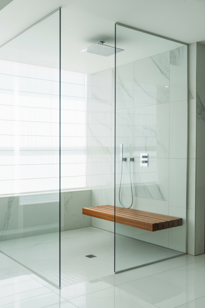 1. Minimalist Glass Shower with Floating Bench