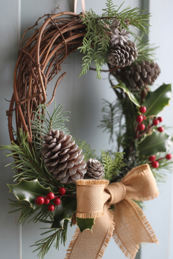 1. Simple Rustic Grapevine Wreath with Pinecones