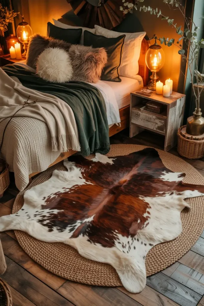 10. Cozy Winter Bedroom with Layered Cowhide