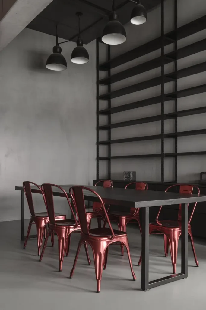 10. Modern Industrial Grey and Black with Red Metallic Touches