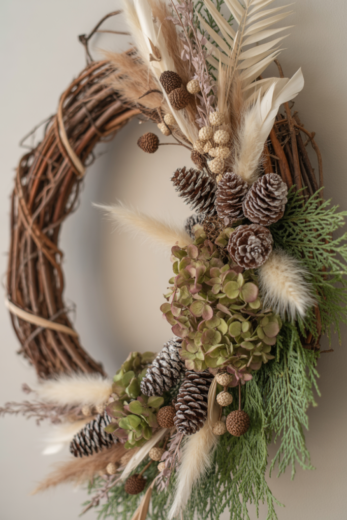 10. Nature-Inspired Winter Grapevine Wreath with Feathers