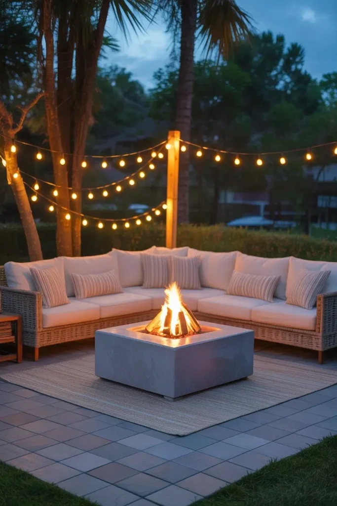 11. A Fire Pit With String Lights That Glow Overhead