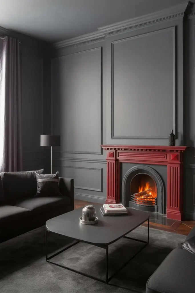 11. Black and Grey Living Room with Red Fireplace Accent