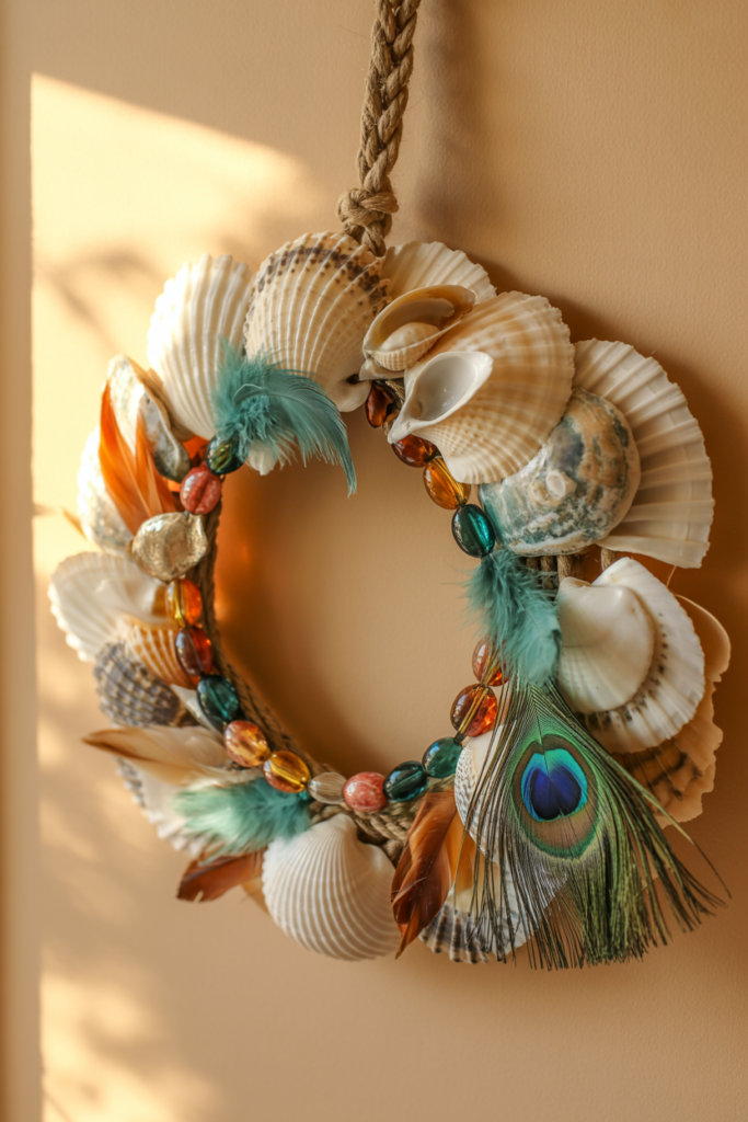 12. Boho Seashell Wreath with Feathers