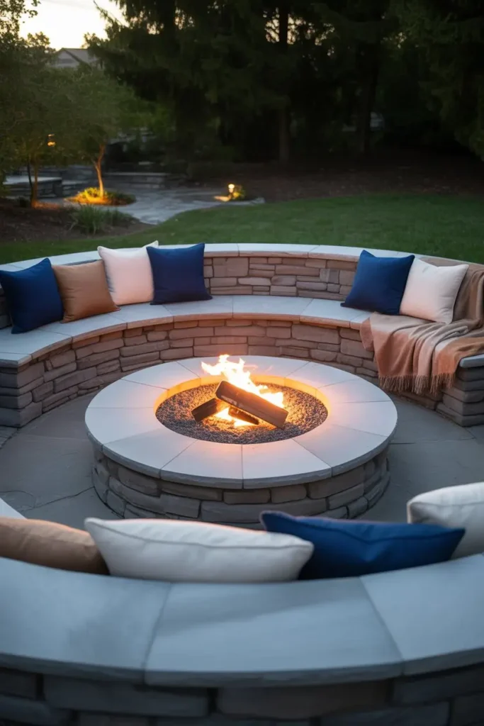 12. Circular Stone Fire Pits with Bench Seating