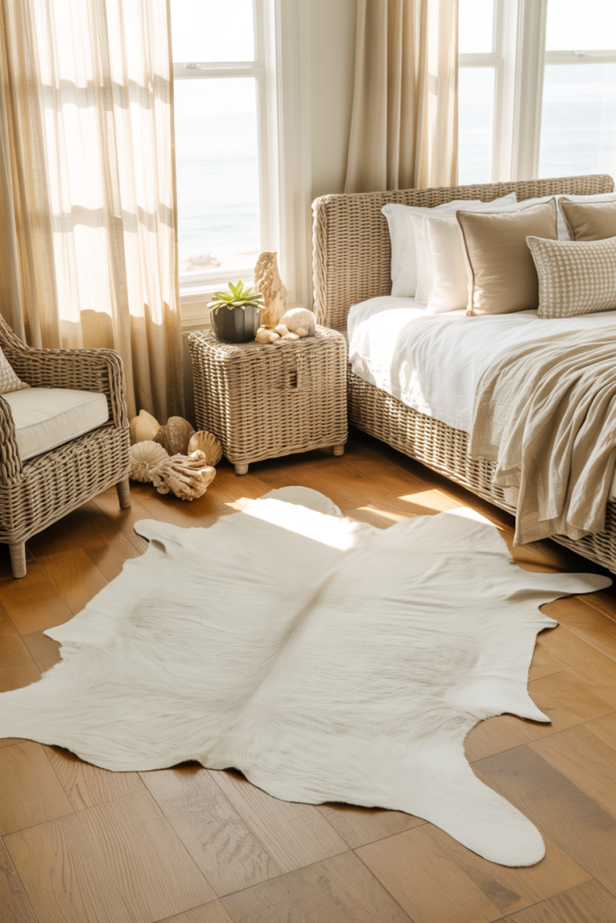12. Coastal Bedroom with White Cowhide