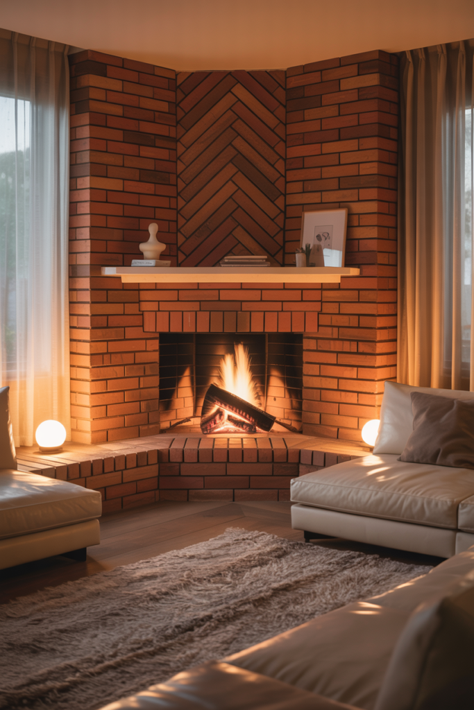 12. Corner Brick Fireplace Space Saver