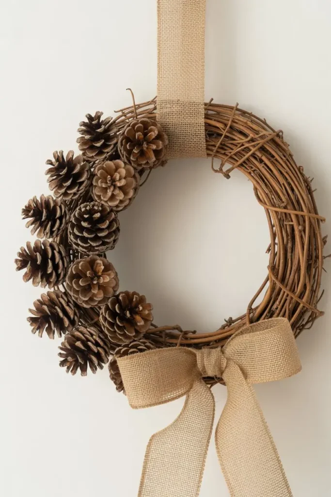 12. Grapevine Wreath with Pinecones and Burlap Ribbon