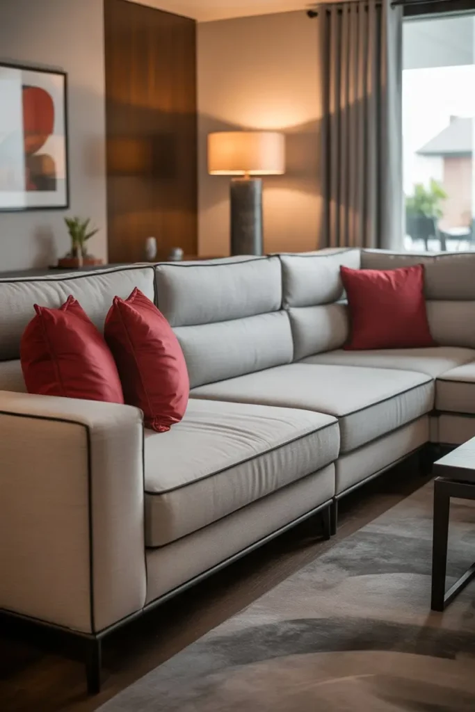12. Modern Grey Sectional with Black Trim and Red Pillows