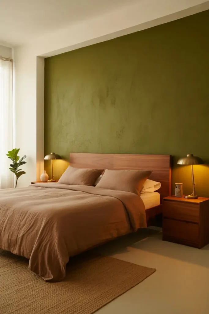 12. Olive Green Accent Wall with Soft Brown Decor