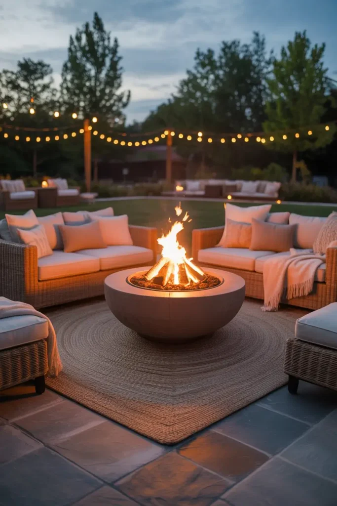 13. A Square Patio With a Fire Pit and Outdoor Rug