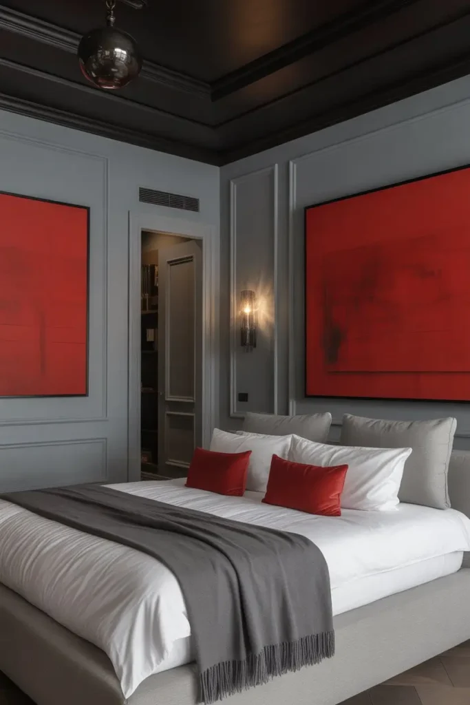13. Chic Grey Room with Black Ceiling and Red Artwork