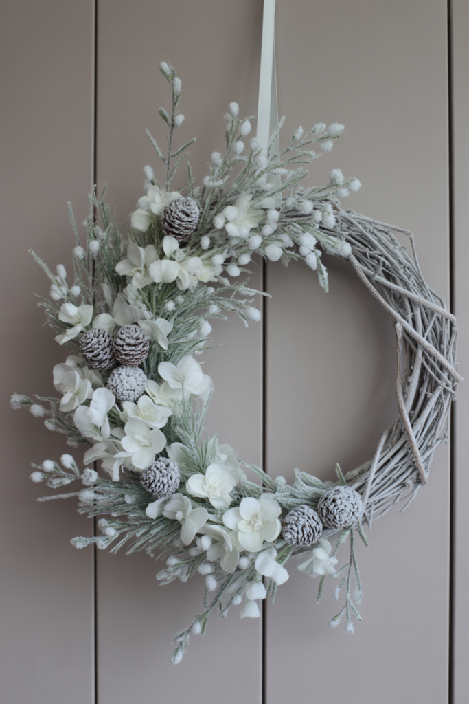 13. Elegant White Frosted Grapevine Wreath