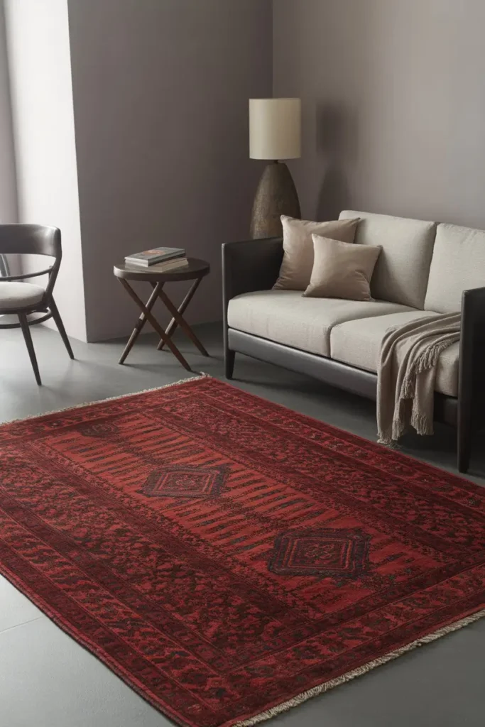 14. Red Rug Centerpiece with Grey and Black Furniture