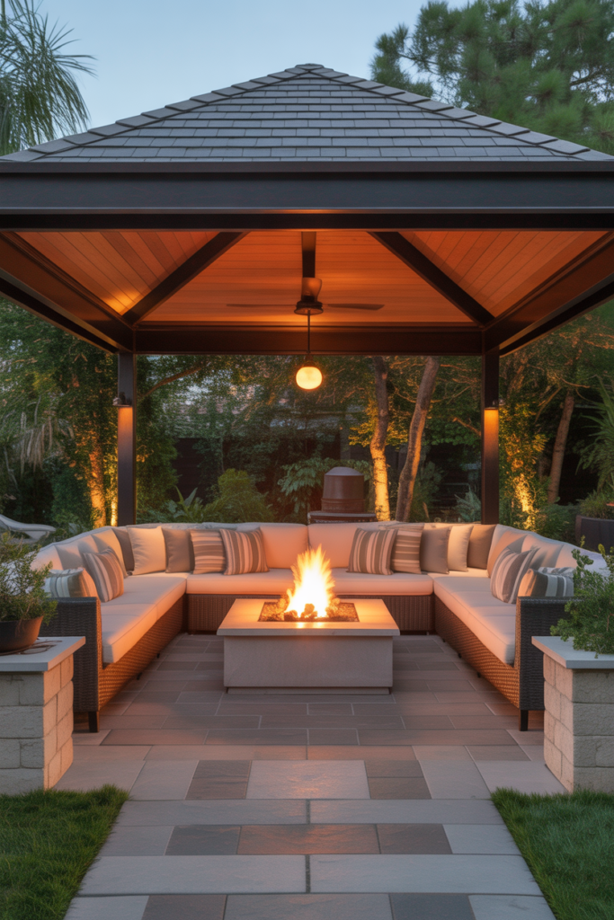 15. A Square Patio With a Covered Roof and Fire Pit for All Weather Use