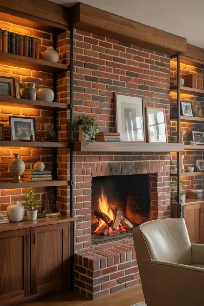 15. Brick Fireplace with Built-In Shelving