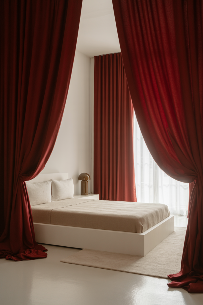 15. Elegant Red Curtains Framing White Space