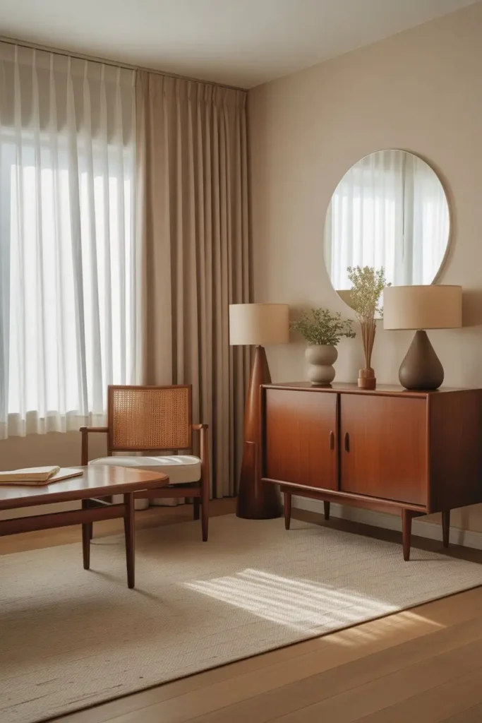 15. Neutral Tone Curtains for a Calm Mid Century Backdrop