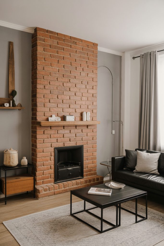 16. Grey Living Room with Red Brick Accent Wall