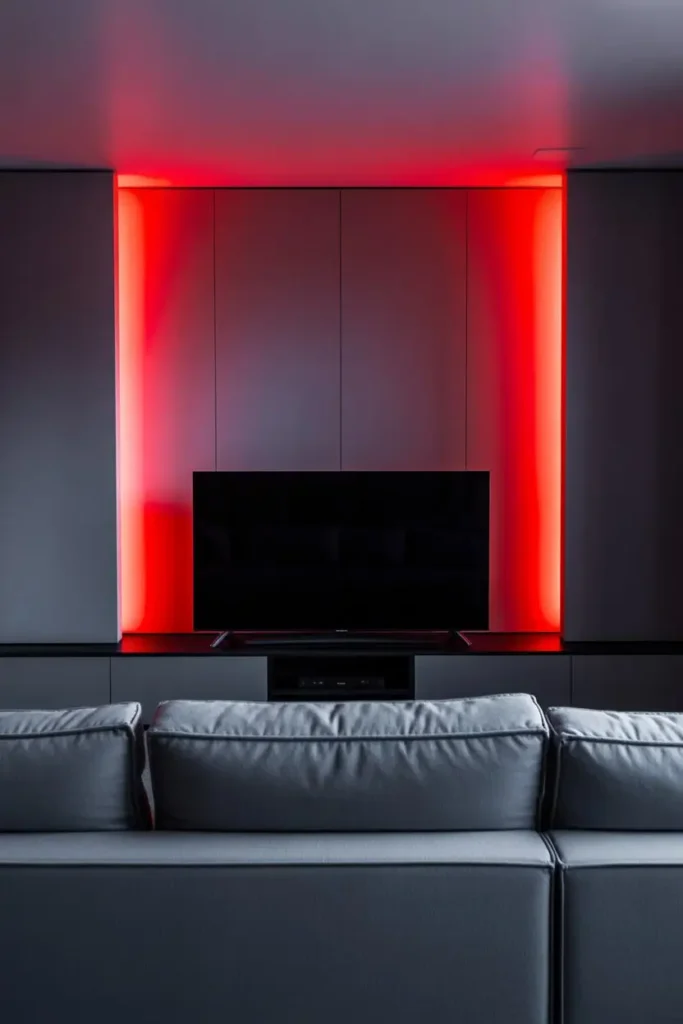 17. Black Entertainment Wall with Red LED Highlights