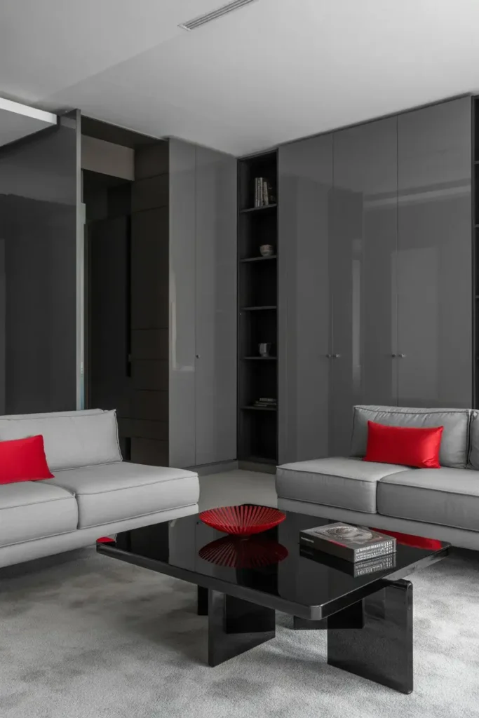 18. Grey Room with Glossy Black Surfaces and Red Decor