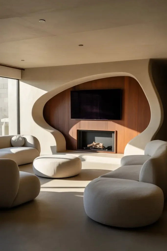19. Curved Fireplace and TV Placement