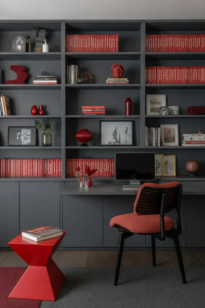 19. Urban Chic Grey with Black Shelves and Red Books