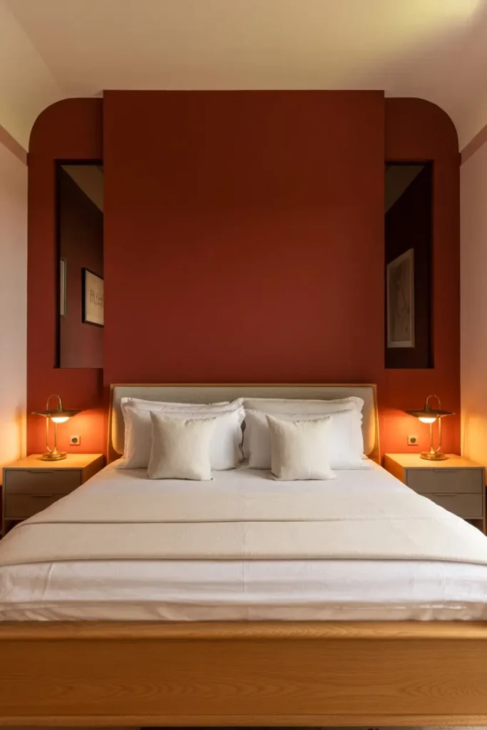 2. Deep Red Feature Wall with White Bedding