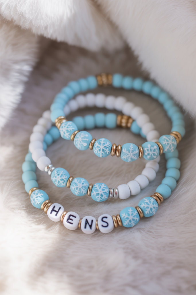 2. Festive Snowflake Clay Bead Bracelets