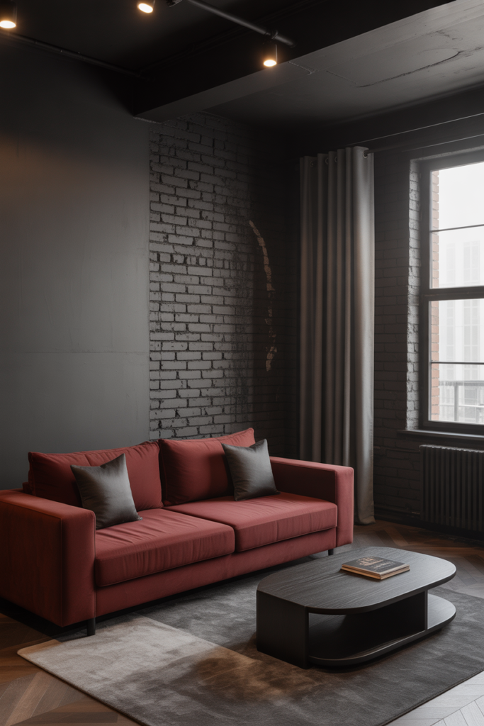 2. Modern Loft with Matte Black and Deep Red Hues