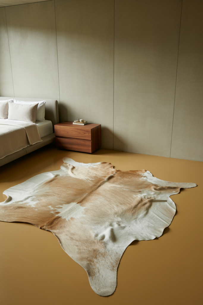 2. Modern Minimalist Bedroom with Neutral Cowhide