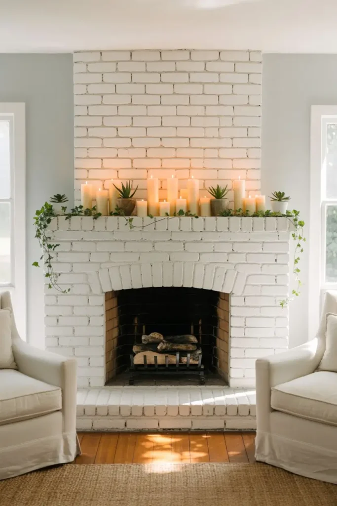 2. Whitewashed Brick Fireplace Elegance