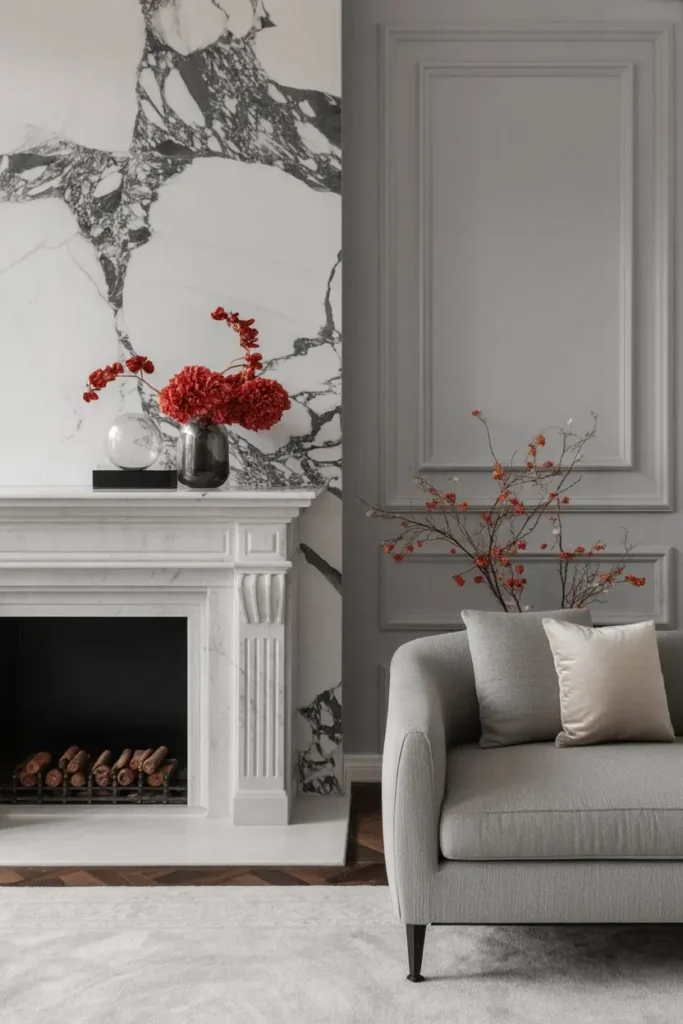 20. Grey Living Room with Black Marble Details and Red Flowers