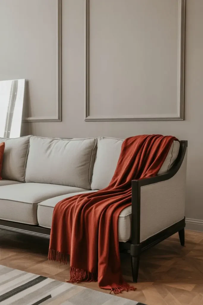 22. Classic Grey Sofa Set with Black Frame and Red Throw