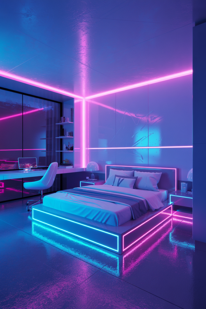 23. Futuristic Neon Bedroom