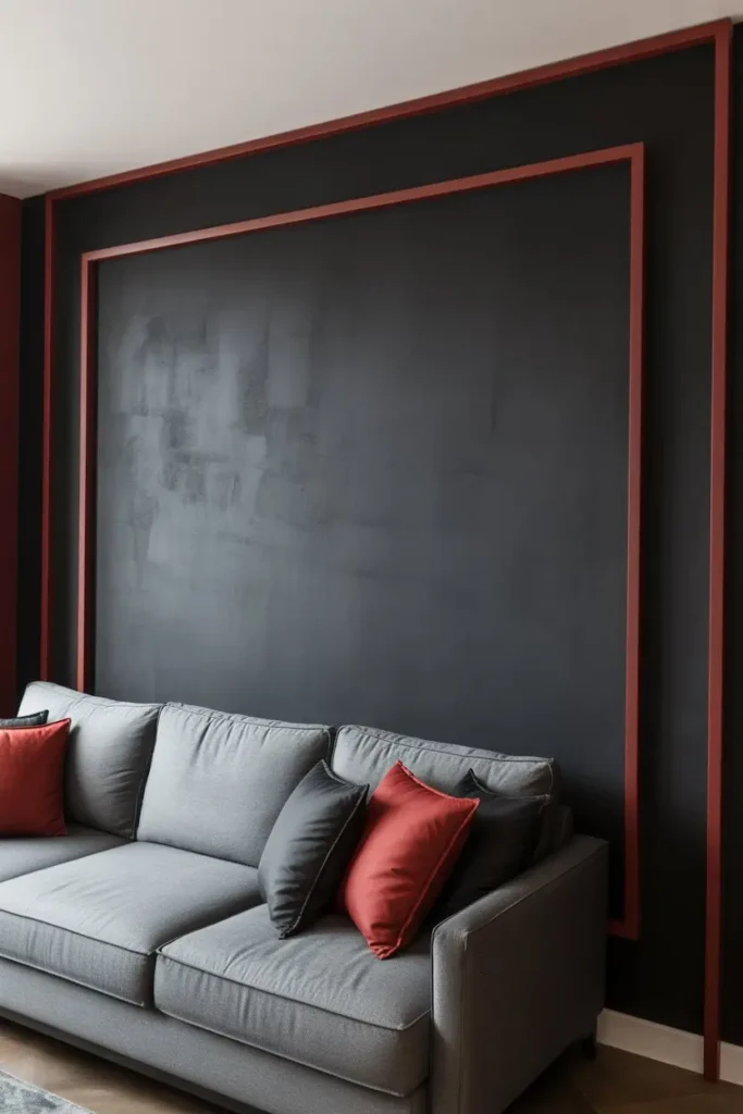 23. Matte Black Accent Wall with Grey Texture and Red Trim