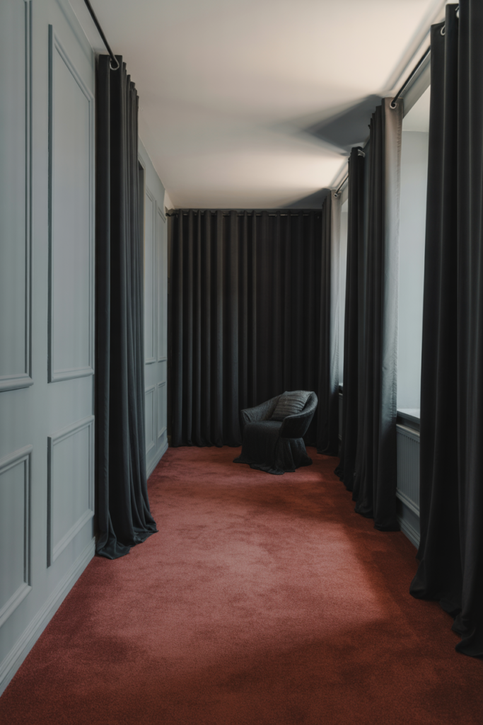 24. Light Grey Walls with Black Curtains and Red Carpet
