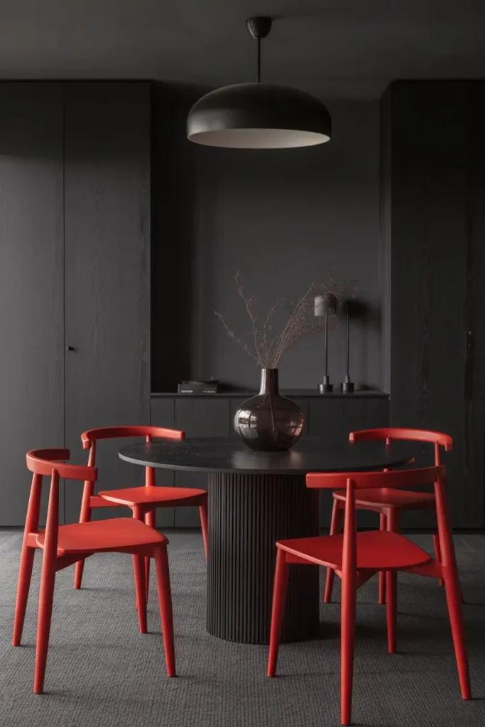 25. High Contrast Grey and Black Room with Red Furniture Highlights