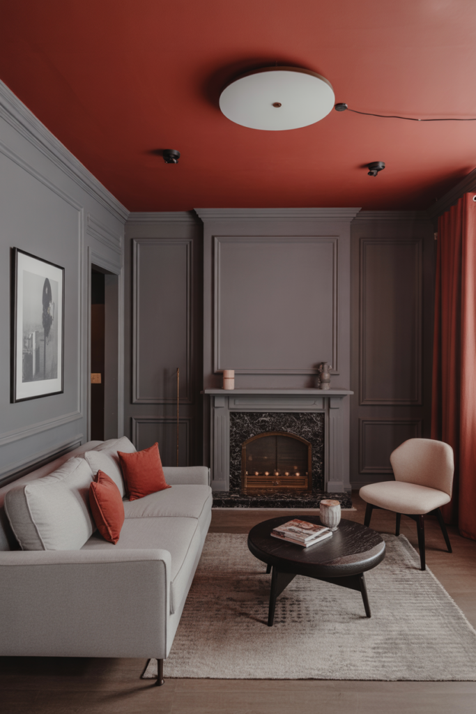26. Grey and Black Living Room with Red Ceiling Accent