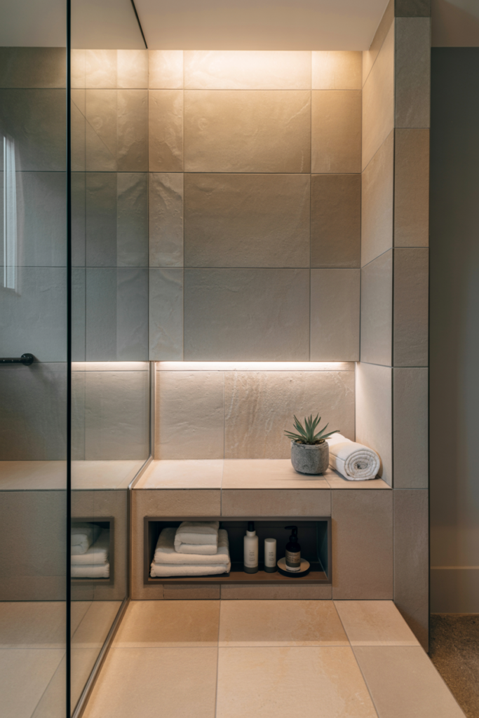 4. Built-In Tile Bench with Hidden Storage