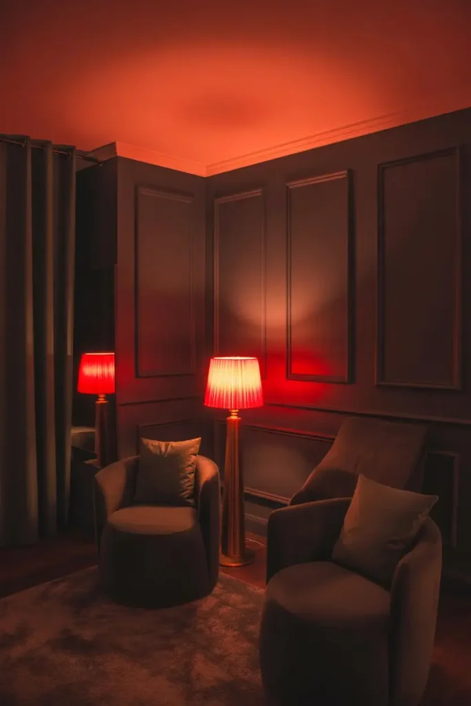 4. Cozy Charcoal Grey with Warm Red Lighting