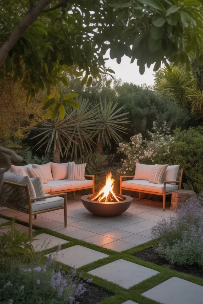 5. A Garden Framed Square Patio With a Fire Pit