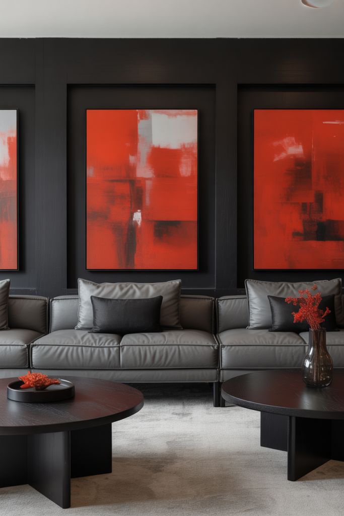 5. Contemporary Style with Black Furniture and Red Art