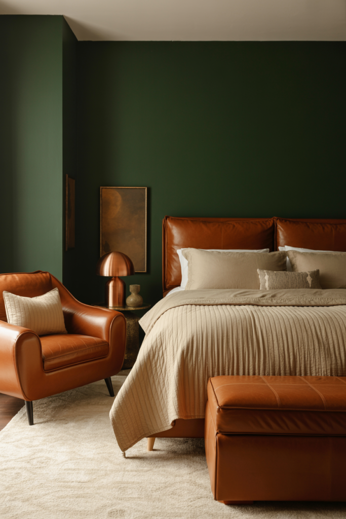 6. Deep Green and Leather Accent Bedroom