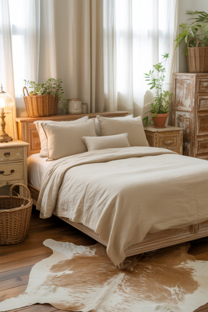 6. Farmhouse Chic Bedroom with Soft Brown Cowhide