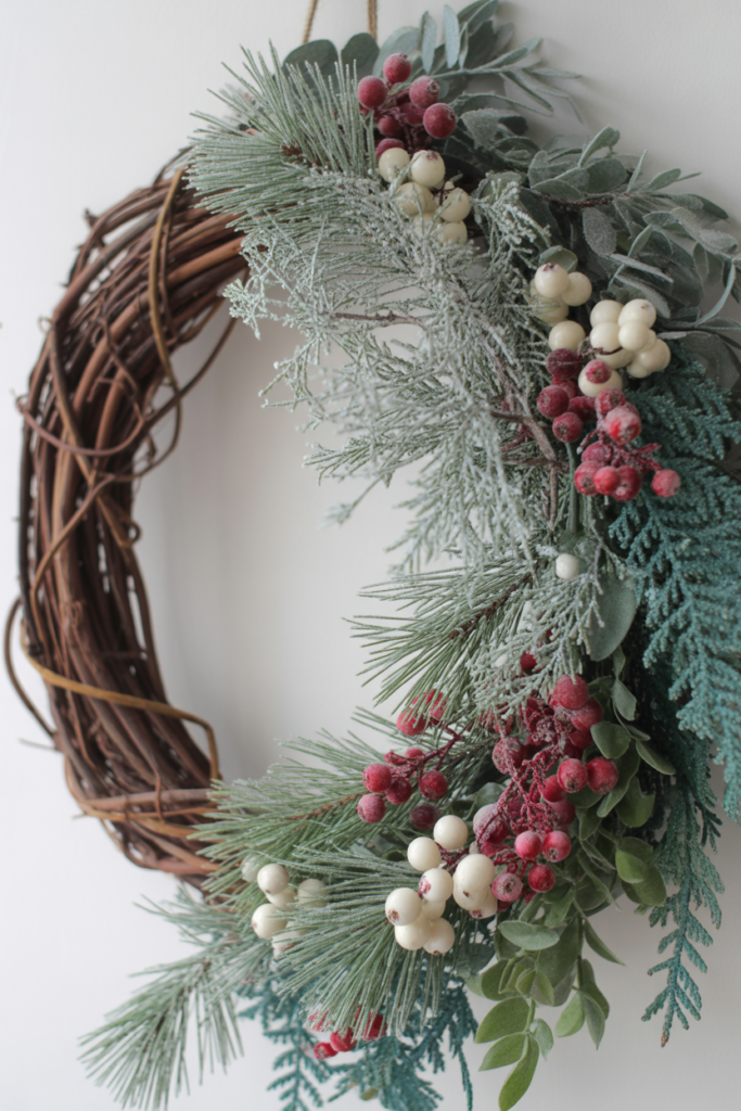 6. Frosted Pine Grapevine Wreath with Berries